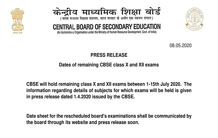 CBSE announces dates for remaining exams